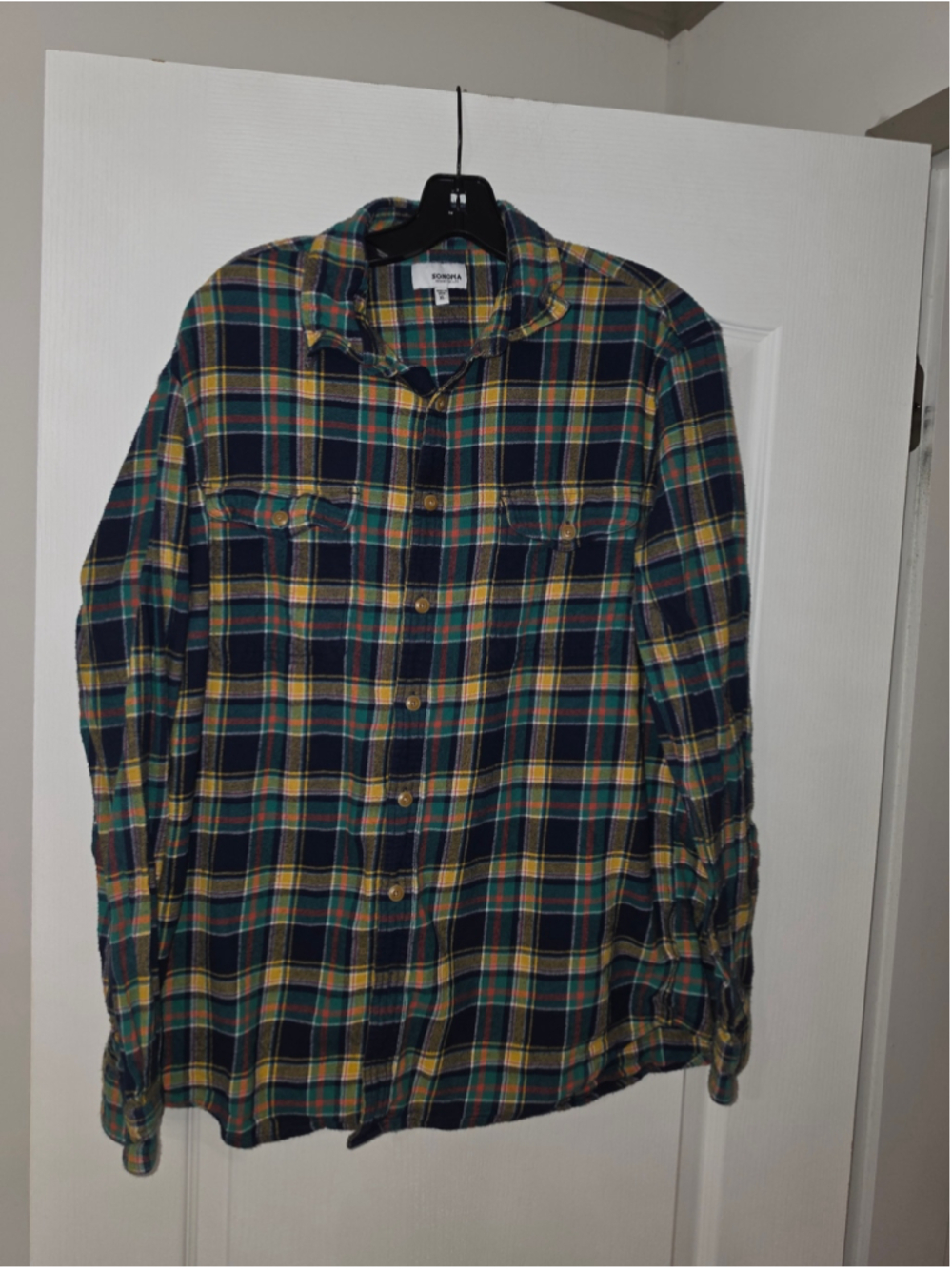 Men's Sonoma Plaid Casual Button Down Shirt Navy Yellow XL